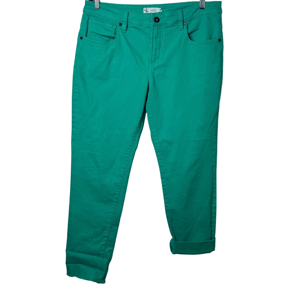 Carve Designs Pants Womens 12 Green Straight Leg Stretch Raw Hem Denim
